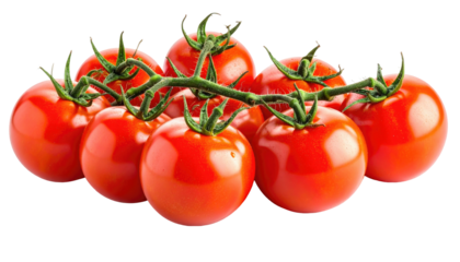 Close-up of ripe, red tomatoes on a green vine, arranged in a visually appealing cluster