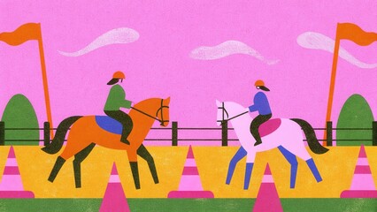 Two people on horses practicing polo outdoors