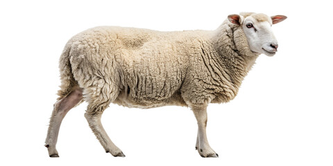 Realistic farm sheep, full body, standing pose, neutral natural position, realistic proportions, clean detailed wool texture, soft studio lighting, eye level view, centered composition, isolated on tr