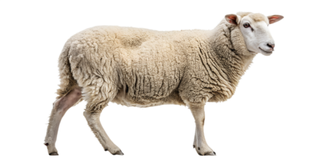 Realistic farm sheep, full body, standing pose, neutral natural position, realistic proportions, clean detailed wool texture, soft studio lighting, eye level view, centered composition, isolated on tr