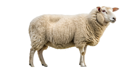 Realistic farm sheep, full body, standing pose, neutral natural position, realistic proportions, clean detailed wool texture, soft studio lighting, eye level view, centered composition, isolated on tr