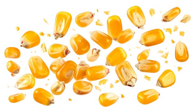 Yellow corn kernels scattered on a white background