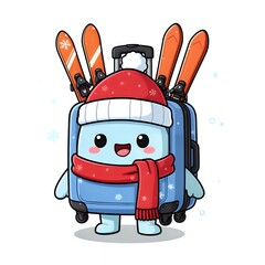 Happy snowman with ski gear and luggage