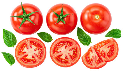 Close-up of ripe red tomatoes, whole and sliced, with green basil leaves on black background