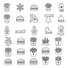 snow man, chips, bargar, hots food, fast food icons silhouette pack
