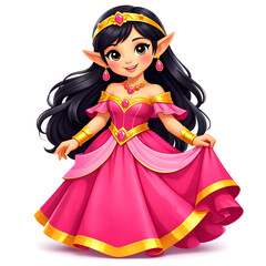 Fototapeta premium Smiling Princess With Long Black Hair, Wearing Pink And Gold Gown, Jeweled Crown And Accessories