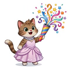 Adorable cat in a dress celebrating with confetti