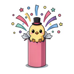 Festive chick in a party hat surrounded by confetti