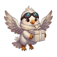 Adorable owl in aviator goggles holding a present