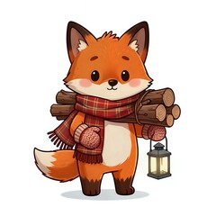 Charming fox with lantern and firewood in cozy scarf