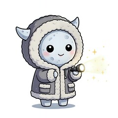 Adorable moon character in cozy parka with flashlight