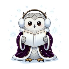 Adorable owl character in cozy winter attire reading a book
