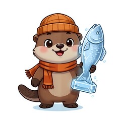 Adorable otter holding a fish in a winter hat