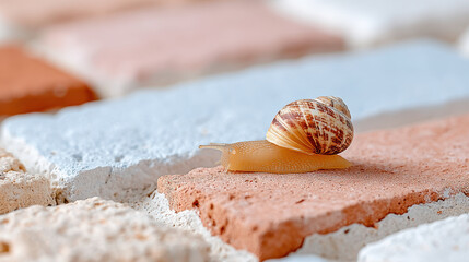 Snail crawling on garden tile with grout line and warm colors
