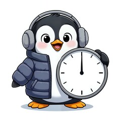 Adorable penguin in hoodie with clock illustration