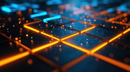 Abstract futuristic technology grid with glowing orange and blue lines, conceptual background pattern