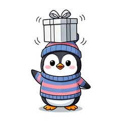 Adorable penguin in sweater holding a gift