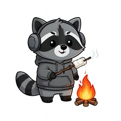 Adorable raccoon campfire scene with marshmallow