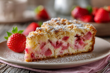 Ciasto z rabarbarem i kruszonką posypane cukrem pudrem, domowy wypiek na talerzu, wiosenny deser z owocami.