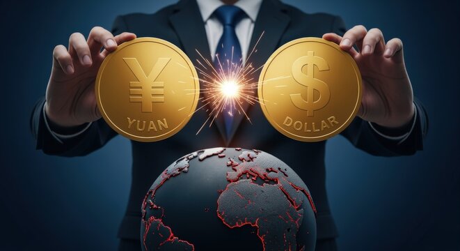 Yuan and Dollar Exchange Concept with Businessman Holding Coins over Globe Illustration - Powered by Adobe