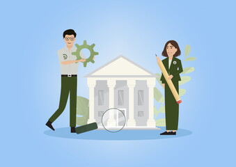 Digital Cleanup Policy for Institutions. Regulations and policy planning for institutional digital cleanup programs. Corporate sustainability. Flat style. Vector illustration