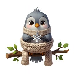 Adorable winter bird in cozy sweater with snowflake