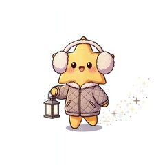 Adorable star character holding a lantern in winter outfit