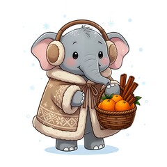 Adorable elephant in winter attire with a basket of oranges