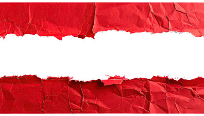 Close-up of ripped and crumpled red paper with a black central gap