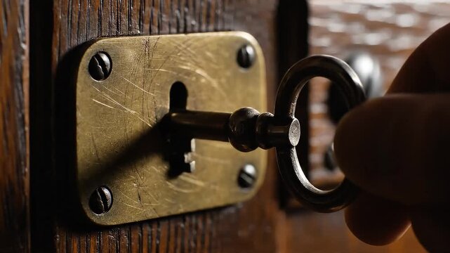Vintage key unlocking an old brass lock, Key turning with metallic click