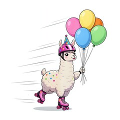 Fun llama on roller skates with colorful balloons