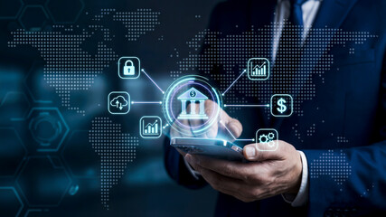 Businessman managing financial transactions on smartphone with banking app