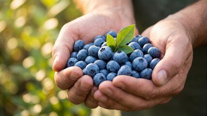 Farmer's hands holding freshly harvested organic blueberries