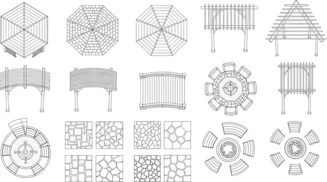 Architectural blueprint illustrations, offering a top-down and frontal perspective of various gazebo and patio designs, showcasing a range of shapes and patterns. 