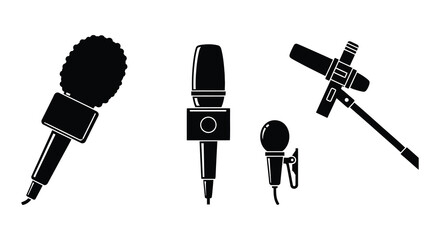 A collection of diverse microphone styles in black silhouette illustrations © nurjahan