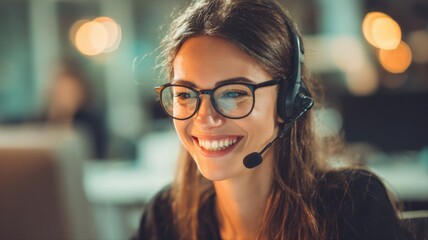Friendly and Smiling Customer Service Representative Wearing Headset Answering Calls in a Modern Office