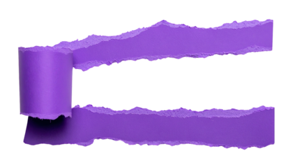 Close-up of ripped purple paper roll with jagged edges, set against a black background