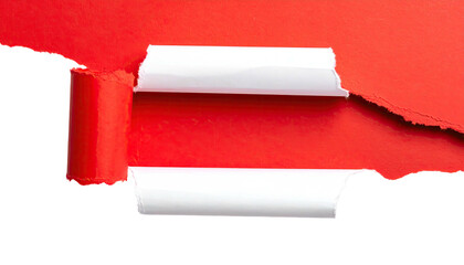 Close-up of ripped red paper revealing white background, torn edges and a rolled section