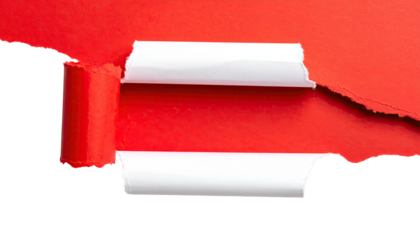 Close-up of ripped red paper revealing white background, torn edges and a rolled section