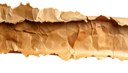 Close-up of ripped, crumpled brown paper with irregular edges and textured surface