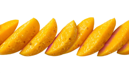A vibrant display of sliced mango arranged in a row against a black background
