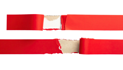 Close-up of ripped red strips revealing beige paper underneath. Abstract background