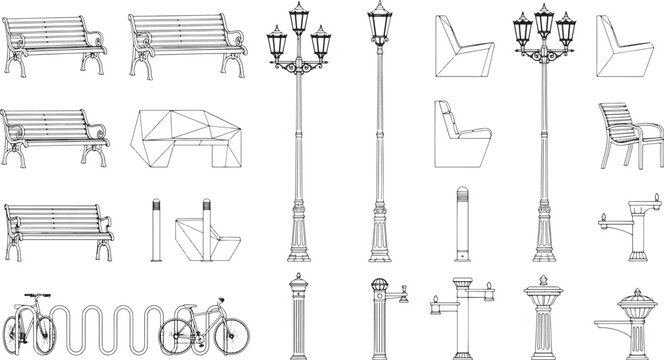 Urban park elements sketch design including benches, lighting, water fountains, and bike racks. It's a versatile design kit for creating detailed cityscapes.
