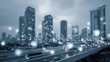 Cityscape with Data Network Overlay Depicting Modern Connectivity and Technological Advancement in Urban Environment