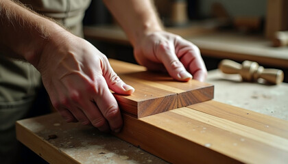 Skilled woodworker crafting precision joint with wooden tools on workbench with copy space