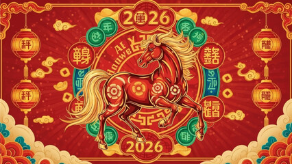 Happy Chinese New Year background 2026. Year of the horse. Vector illustration