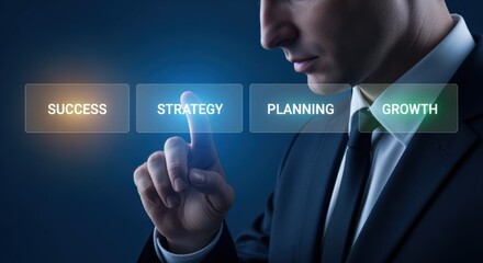 Businessman pressing strategy button on virtual interface illustrating success, planning, and growth in business