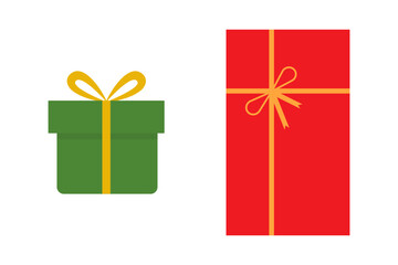 Green and Red Giftboxes Tied Ribbon bow Top and Front View Xmas or Birthday Holidays Design element. Isolated Vector illustration Sticker Icon Print Materials Banner, leaflets, social media content