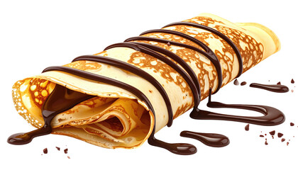 Close-up of rolled pastry, golden hue, drizzled with glossy dark chocolate