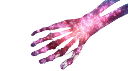 abstract glowing human hand with neon particles futuristic digital anatomy concept art isolated on white background